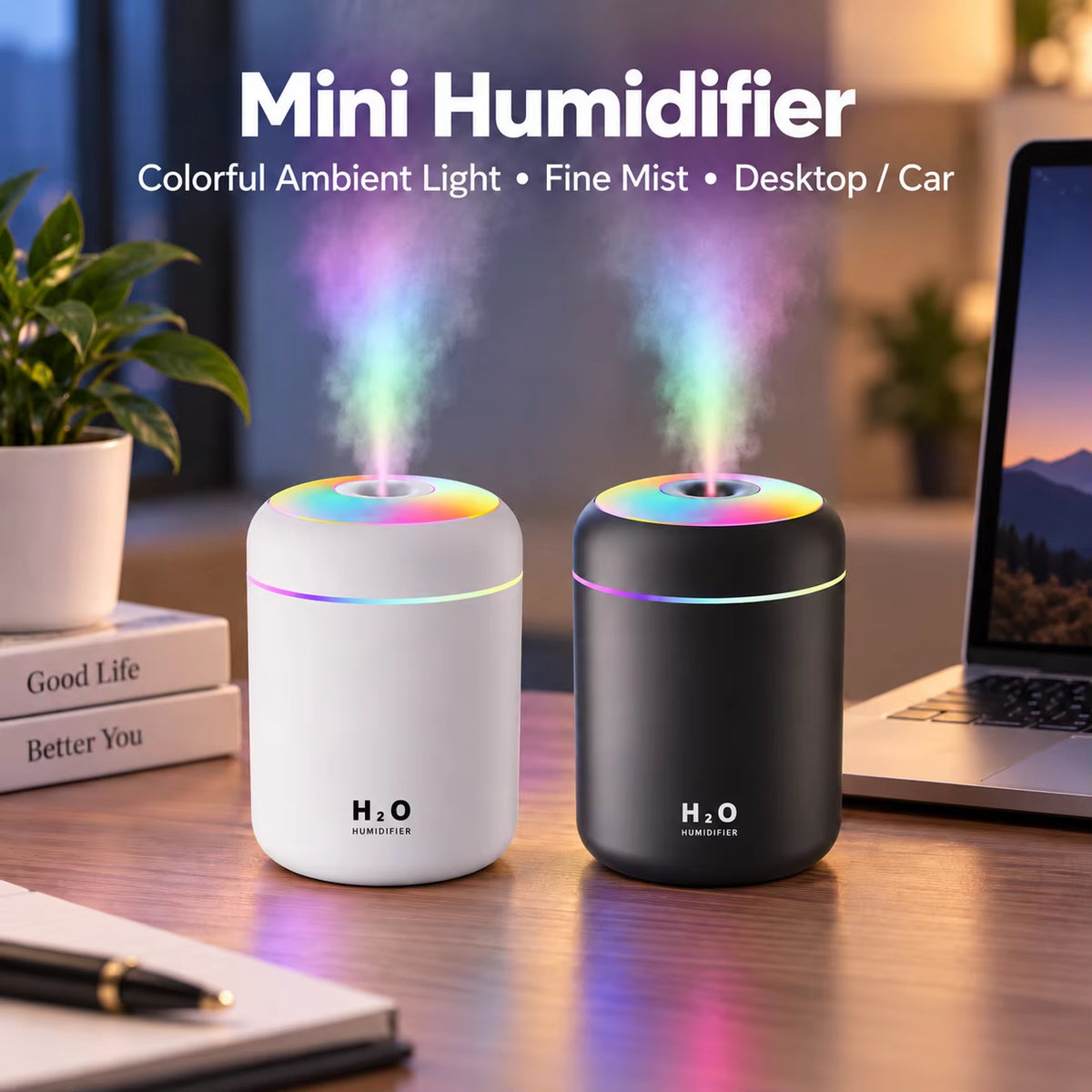 Mini USB Air Humidifier Aroma Diffuser Ultrasonic Cool Mist Essential Oil LED Light for Home Bedroom Car Office Desktop Portable